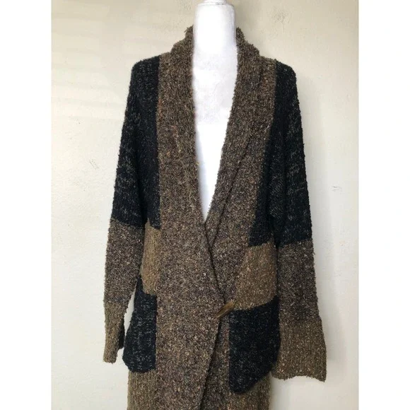 Vtg. Chicos Cardigan Sweater Duster Long Knit Open Front Pockets Brown Black | L - Picture 3 of 16